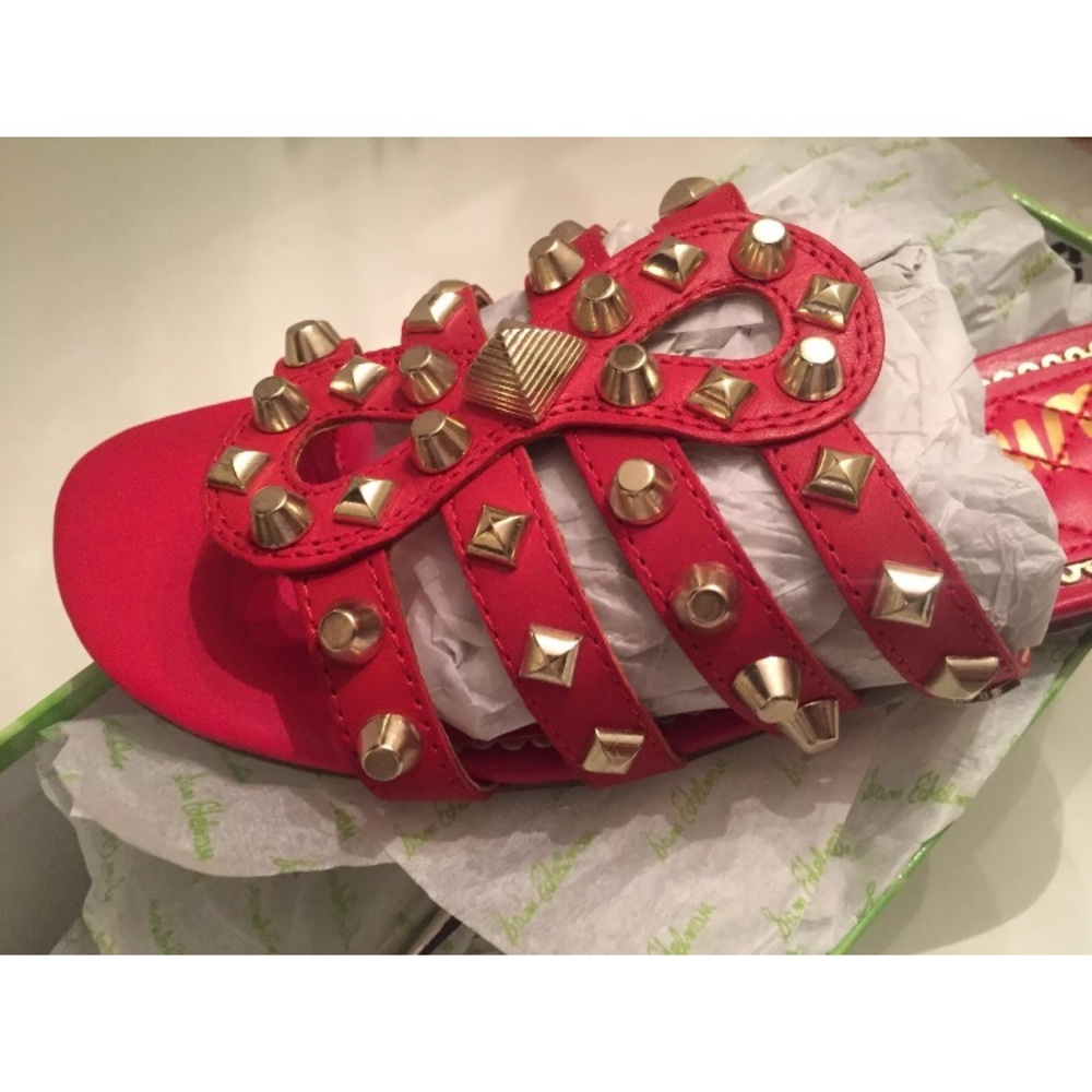 New Sam Edelman LEATHER studded slide sandals Sz 6 red - Picture 5 of 6